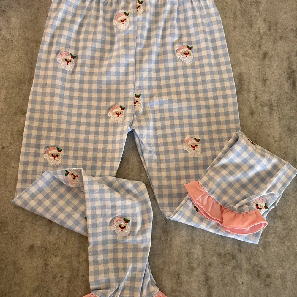 Smocked Flamingo Pink & Blue Gingham Ruffle Santa Pajama Set Size 6